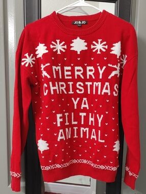 Jo-Jo Red & White Merry Christmas Ya Filthy Animal Logo Holiday Long Sweater